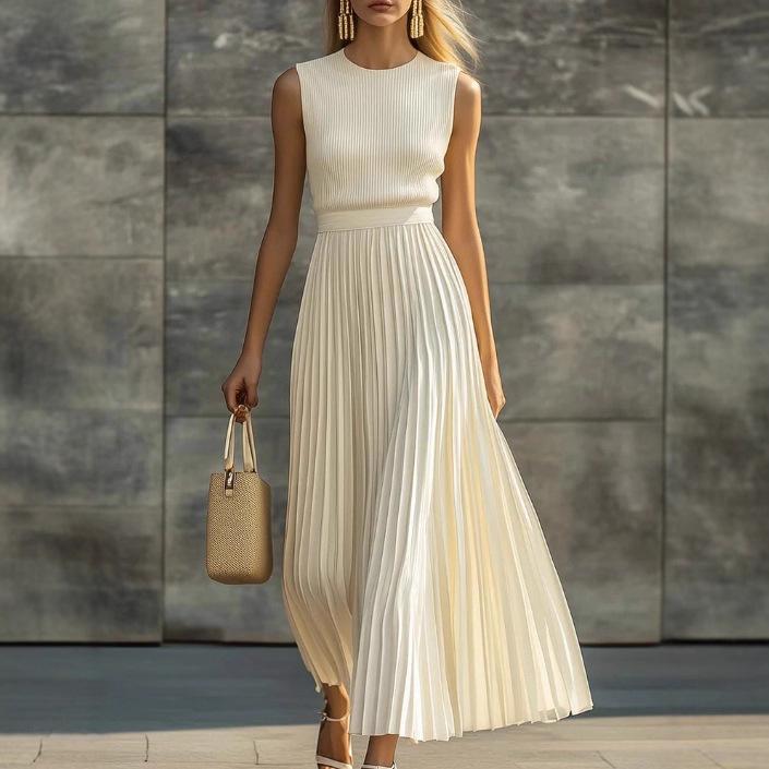 Abito Maxi da Donna Scollo Tondo Senza Maniche Pieghettato Vestibilità Slim Vita Alta Elegante Abito in Chiffon