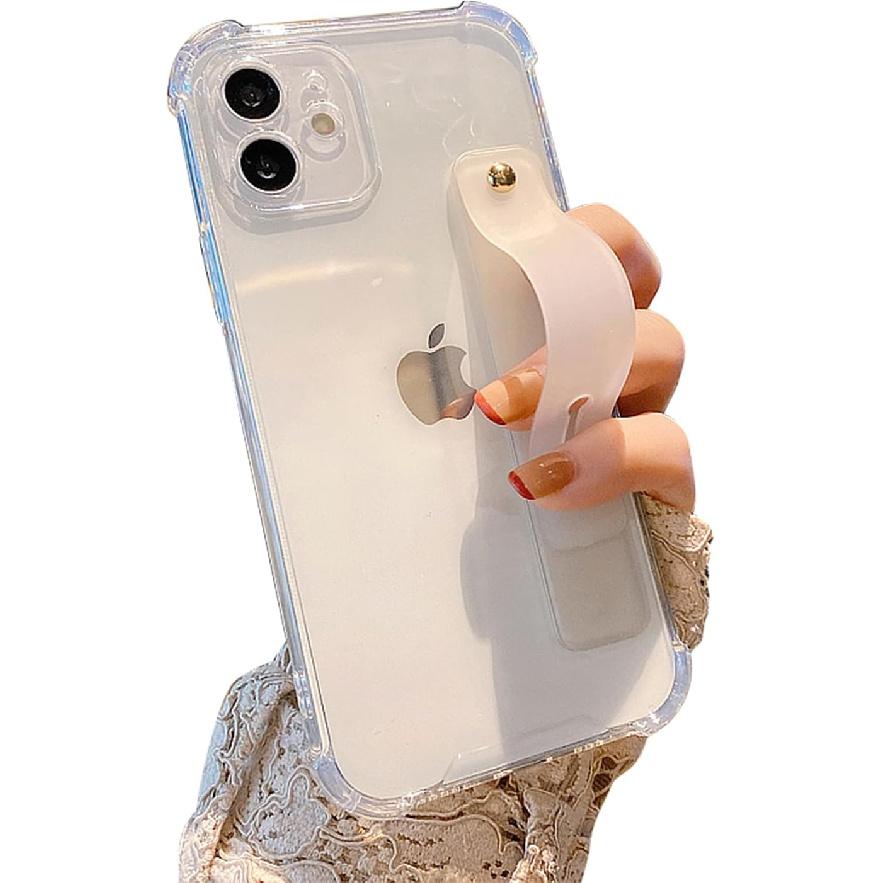siduater Strap Holder Case for 6.1" iPhone 12 with Wristband Kickstand, Clear Soft TPU Protective Shockproof Bumper Cover, Adjustable Hand Grip Loop