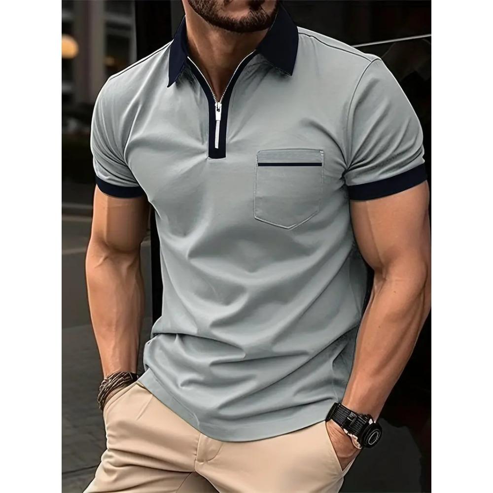 

Мужская повседневная футболка с коротким рукавом и нагрудным карманом, рубашка поло XXXL серебряный серый