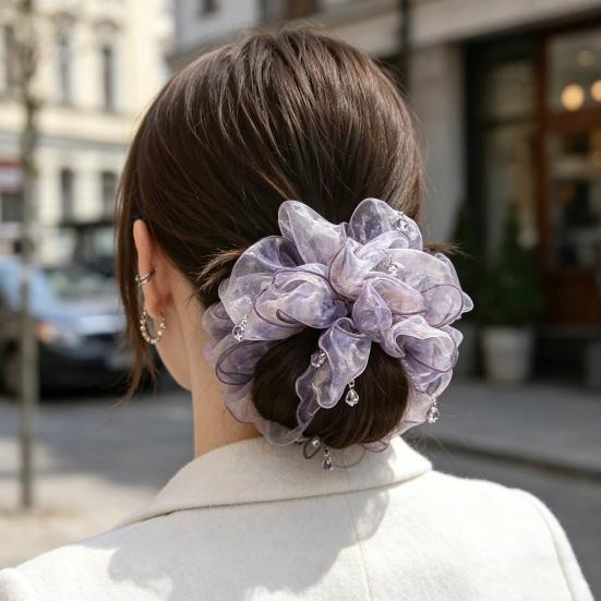 Hair Tie Beads Decor Double Layer Mesh Women Hair Rope Bun Half-Tied Hairstyles Ponytail Holder Hair Accessory