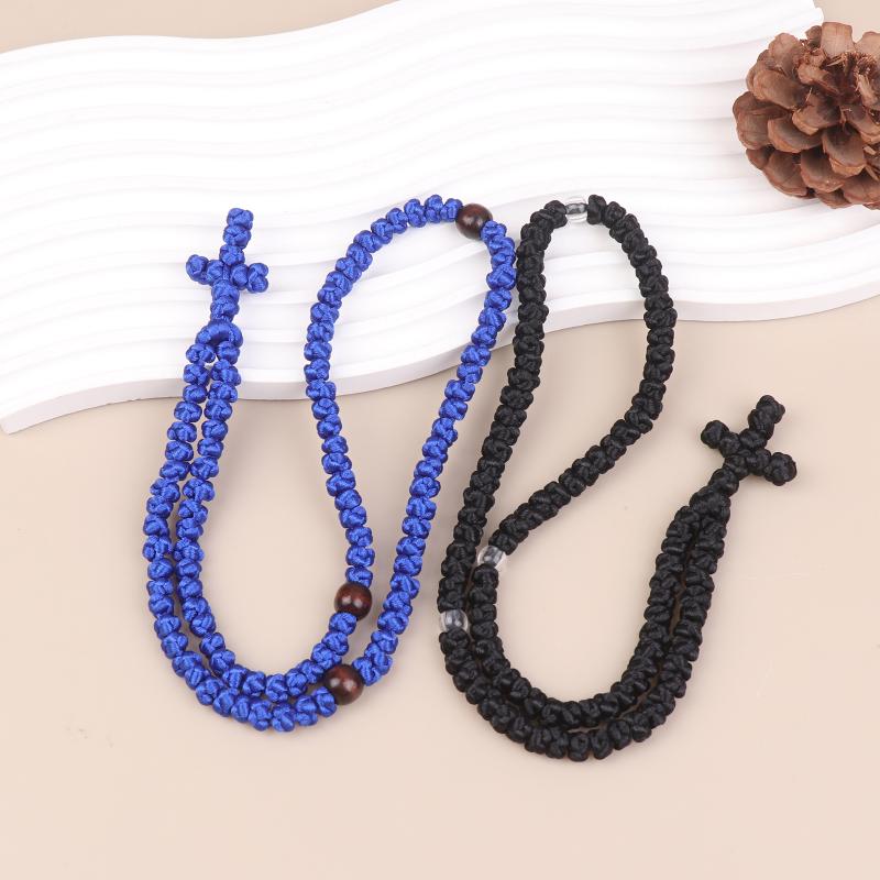 NEW Black/Blue Knot Necklace Handmade Orthodox Religous Rosary Prayer Rope Cross Jewelry Gift