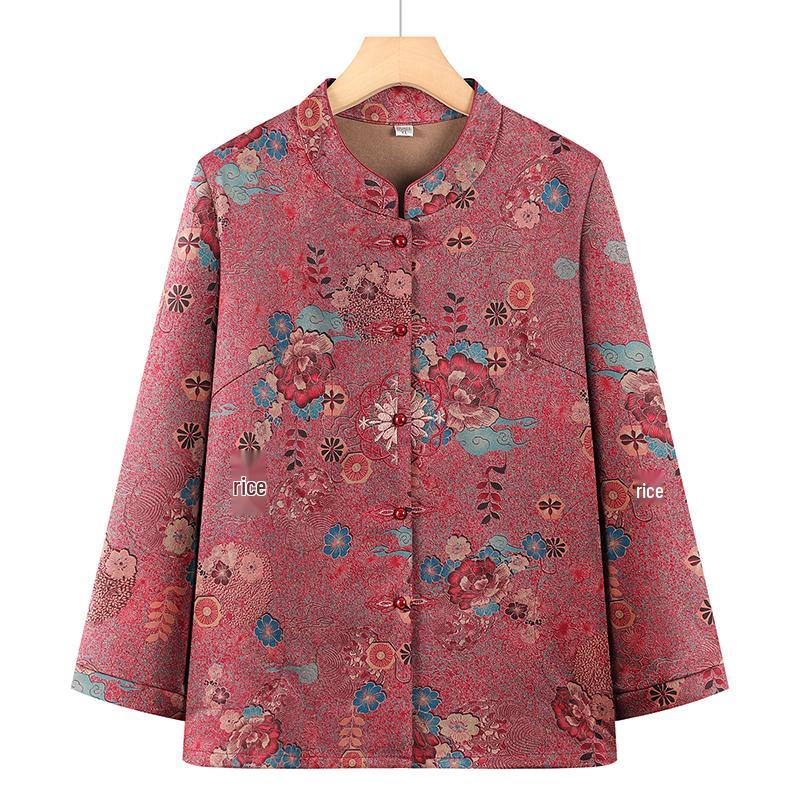 

Floral Stand Collar Long Sleeve Plus Size Shirt for Middle-Aged Women 3XL (120-135 kg) червоний
