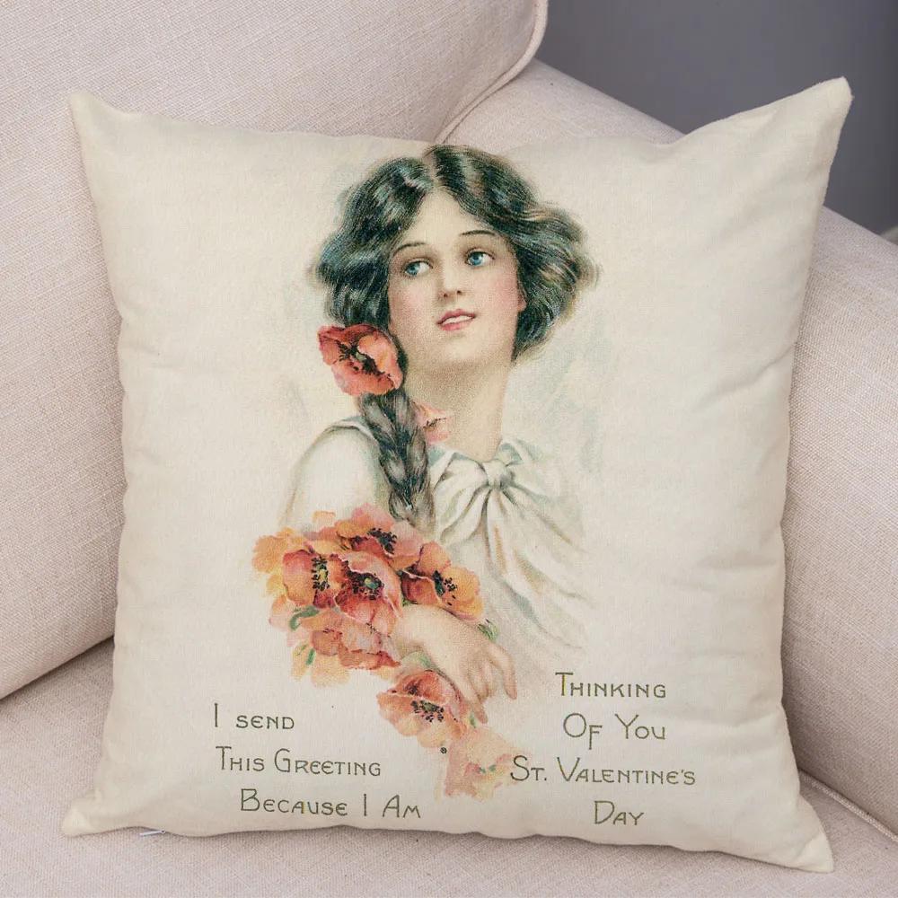 European Lady Cushion Cover Decor Vintage Style Elegant Women Print Pillowcase for Sofa Home Car Soft Plush Pillow Case 45x45cm