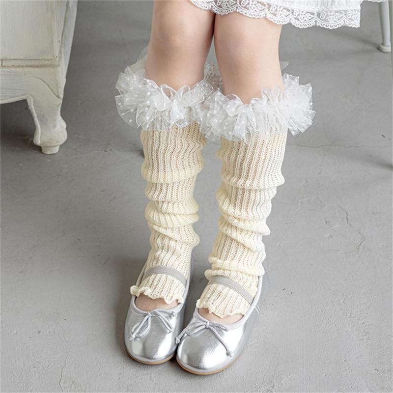 Breathable Cotton Lace Socks for Kids Age 3-13 Years Soft & Comfortable Elastic Leg Warmer with Dot Tulle