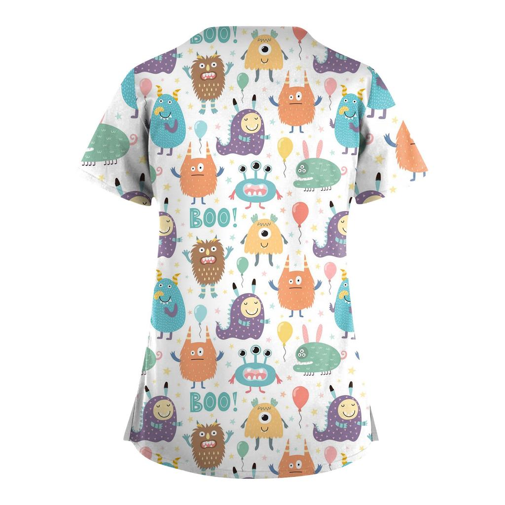 Plus Size Søt trykt Scrub Arbeidsuniform Topper For Kvinner Kryss V-hals Kortermede morsomme T-skjorter Arbeidstøy T-skjorte med lommer