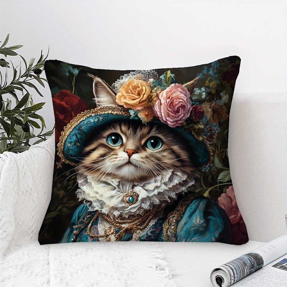 2D Flat- Vintage Royal Cat Throw Pillow Cover Victorian Floral Lady Cat Decorative Pillowcase For Sofa Bedroom Living Room