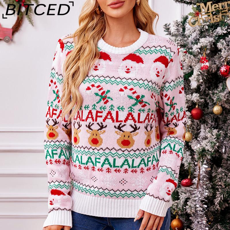 BITCED Pink Sweet Knitted Sweater for Women Autumn/Winter Christmas Pullover Long-Sleeved Jacquard Christmas Sweater