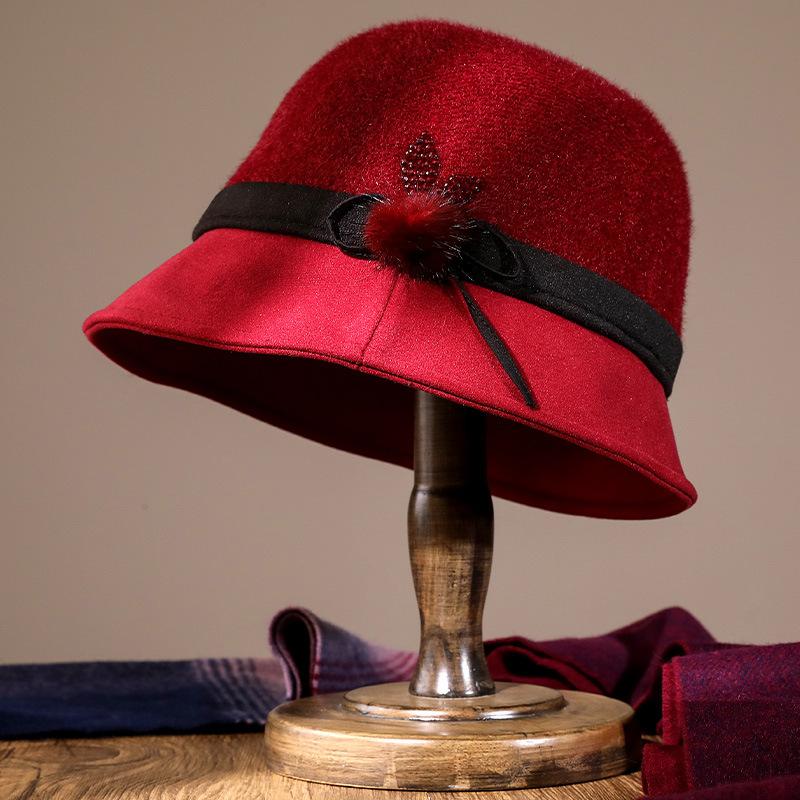 Hat Female Autumn and Winter Old Man Basin Hat Elegant Fashion Top Hat Mother Flower Hairball Retro Bucket Hat