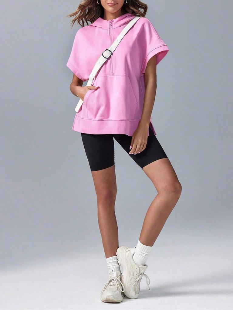 Women's Oversized Half Zip Hoodie Short Sleeve Pullover Sweatshirt Top with Pockets