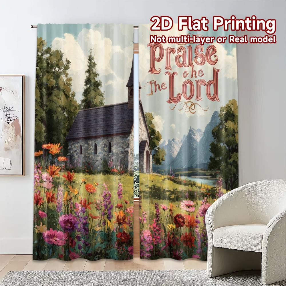 Set Of 2 Flat Printing Curtains Without Rod Country Chapel Popular Print Versatile Fabric Decorations Made Polyester