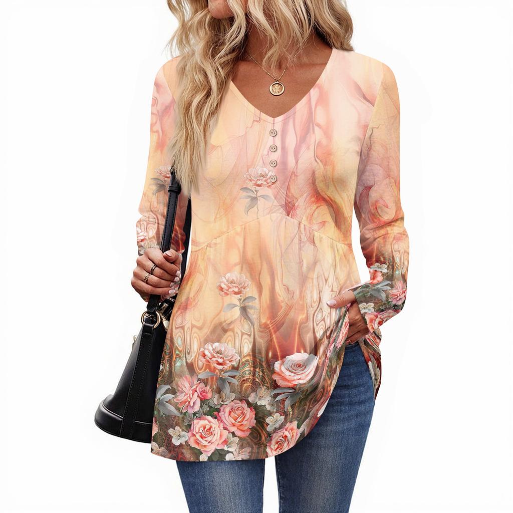 Top casual de damă la modă cu gât în V, nasturi, imprimeu floral retro, mâneci lungi