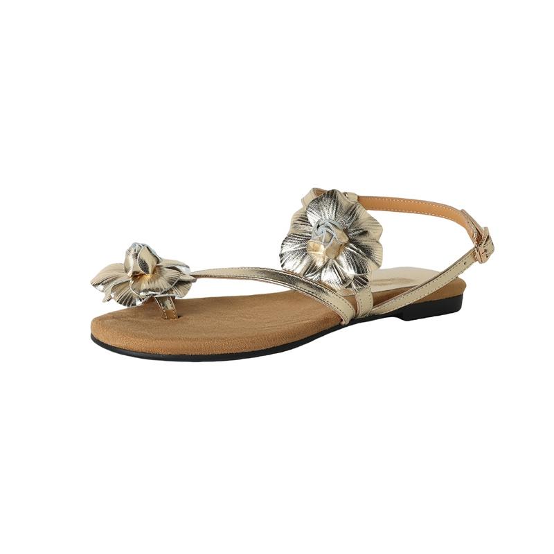 Fashion Women's new leather cowhide flower toe exposed elastic belt buckle, comfortable and breathable low heel sandals, Roman sandals