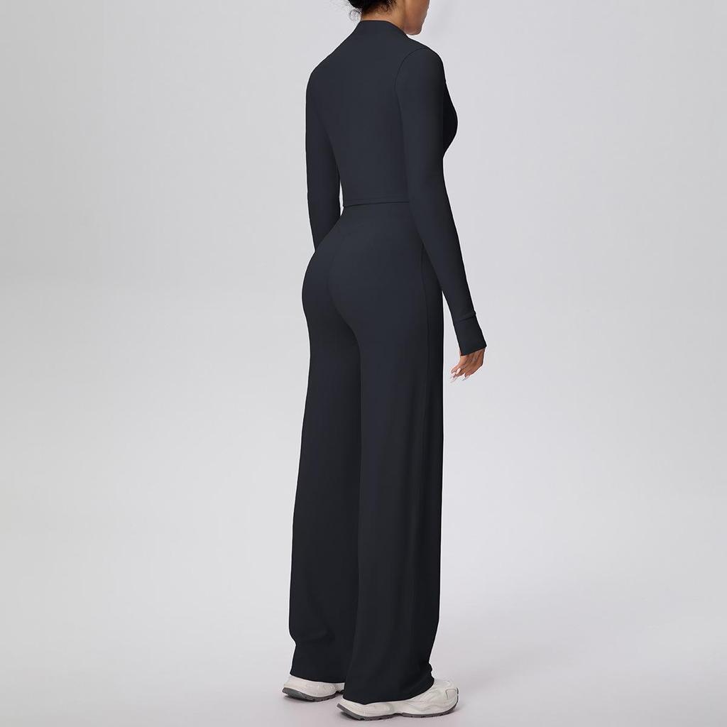 New Cross-border Solid Color Zip Jacket & Wide Leg Yoga Suit - Two-piece Fitness Set