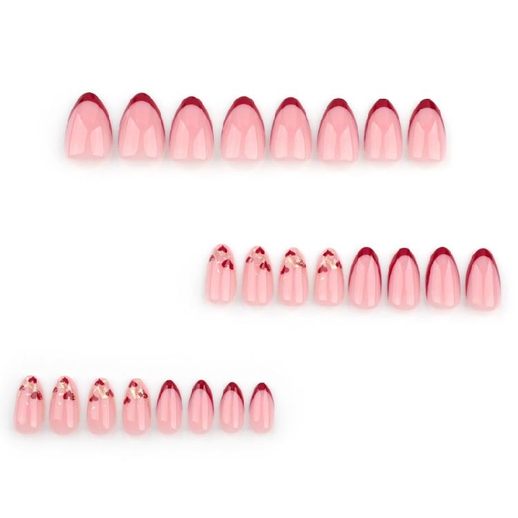 Valentines Day False Nail Short Almond French Tip Heart Glittering Glossy Glues On Nail 24Pcs Set for New Year Christmas