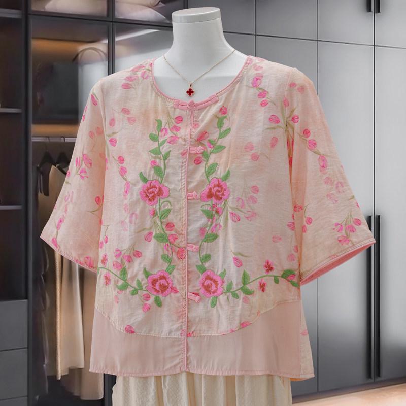 

Women s Summer Embroidery Top: Breathable Seven-Sleeve Tang Blouse 2XL - 105-120 jin рожевий