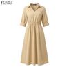 ZANZEA Women Casual Turn Down Collar Solid Color Loose Half Sleeve Dress