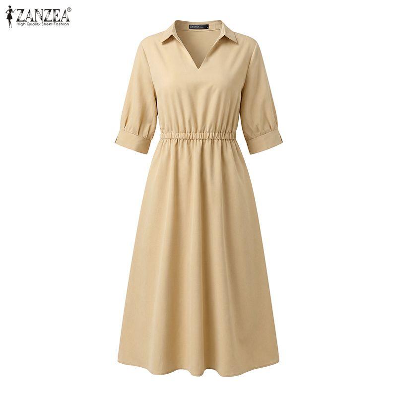 ZANZEA Women Casual Turn Down Collar Solid Color Loose Half Sleeve Dress
