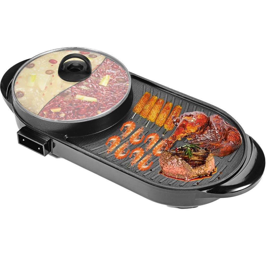 1200W 2 In 1 Larger Electric Hot Pot Oven Smokeless Barbecue Pan Shabu Pot Non-Stick BBQ Griddle Home Hotpot Baking Plate