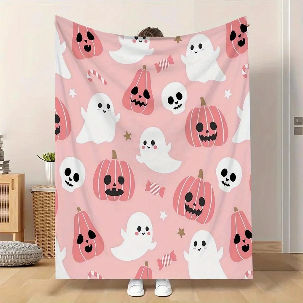 Cozy Pink Pumpkin Skull Print Flannel Throw Soft Durable Blanket for Sofa Bed Travel or Office Decor