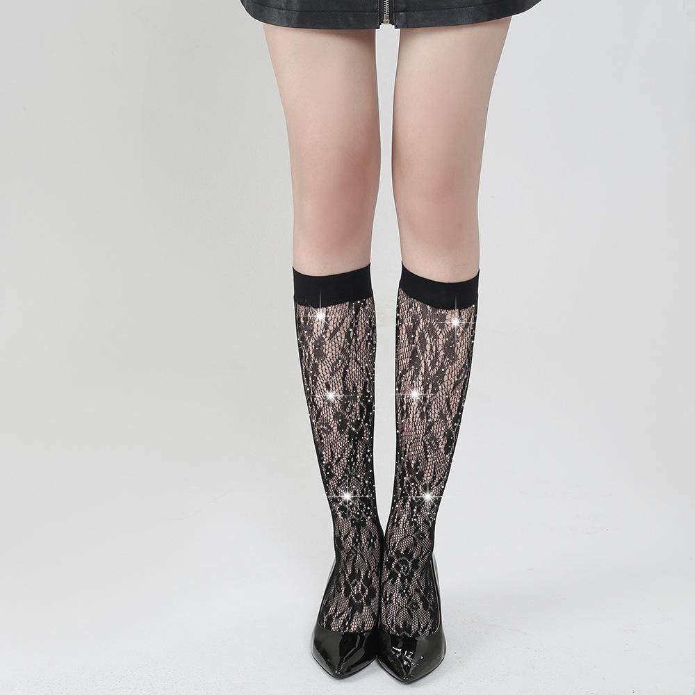 Hot diamond fishing net socks plus diamond black short socks medium tube socks Internet celebrities same size mesh pressure socks white calf socks