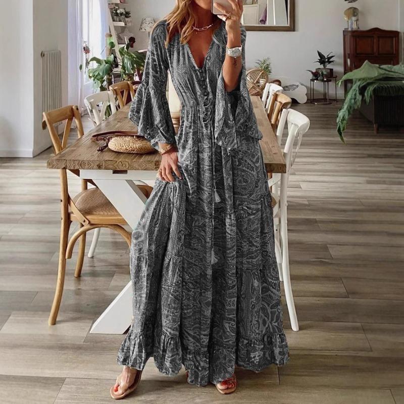 Abito Bohemian da Donna Estate Manica a Svaso Stampa Floreale Scollo a V Ampio Abiti da Donna Elegante Linea ad A Vita Alta Abito da Donna per Vacanze al Mare