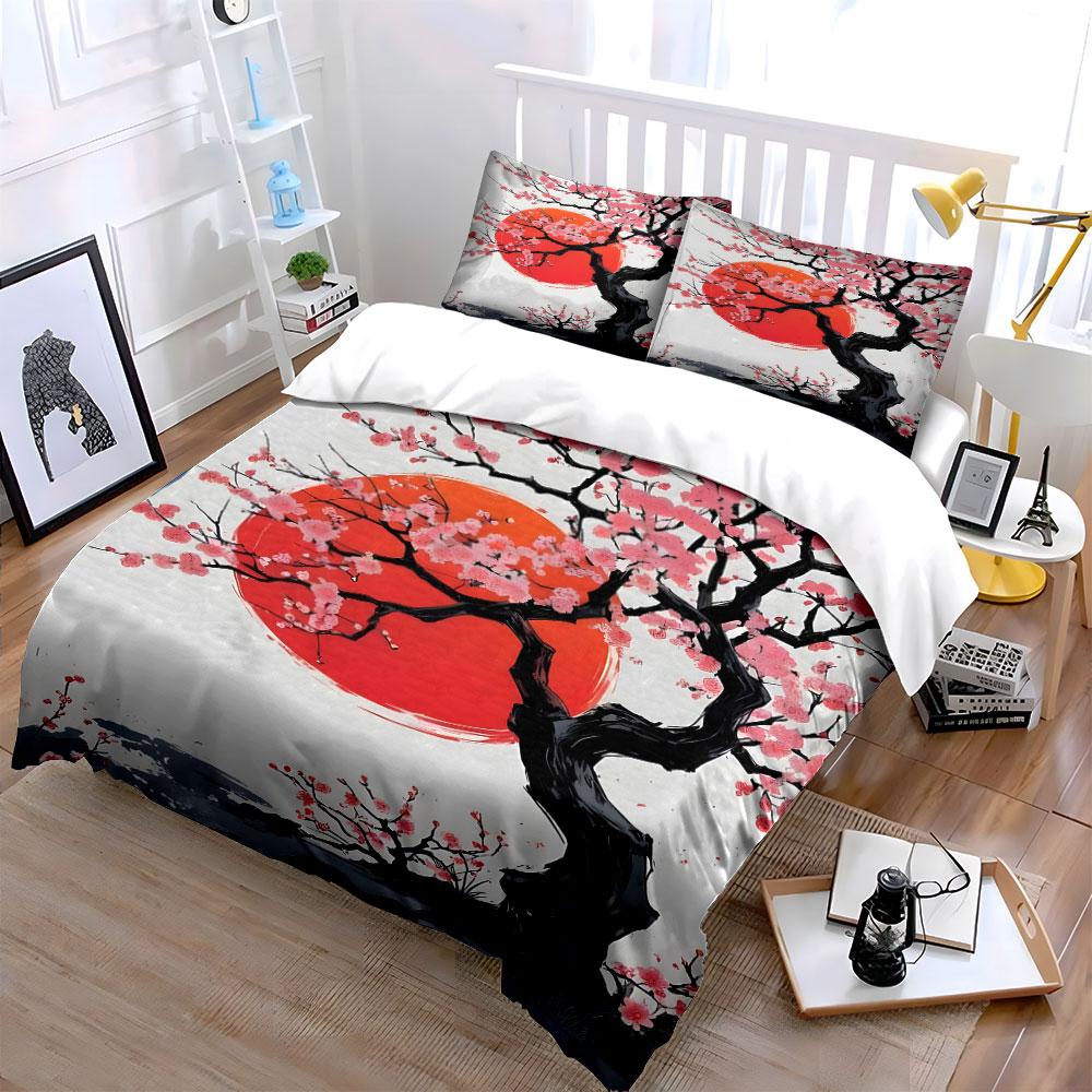Plum blossoms and setting sun Bedding Set for Kids Luxury Gift 3pcs Digital Print Comforter Set Soft Comfortable Breathable
