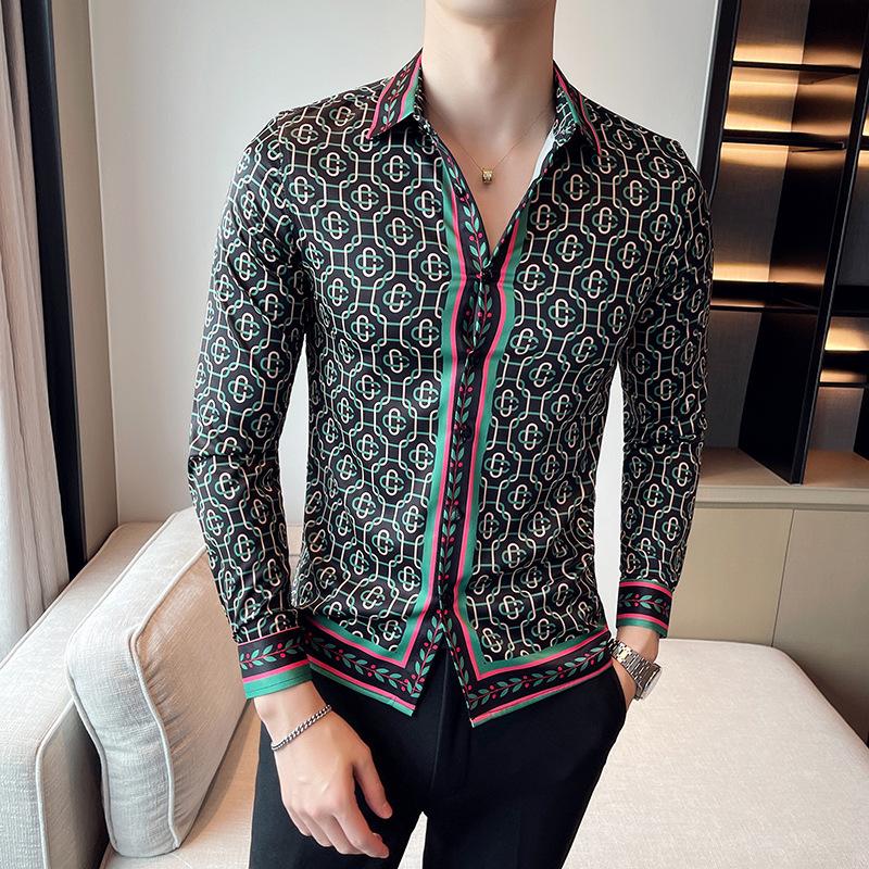 

Новая рубашка Европейская и американская темпераментная рубашка Мужская мужская рубашка с длинными рукавами с персонализированным принтом M чёрный