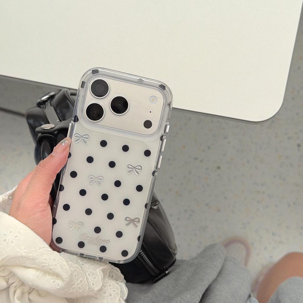 Simple Black and White Polka Dot Bow Phone Case for iPhone 17 Pro Max/16, Double Layer Design for Models 15/14.