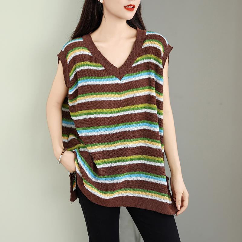 Dimanaf 2025 Summer Plus Size T-Shirt Knitting V-Neck Stripe Vintage Women Sleeveless Loose Tops Tees