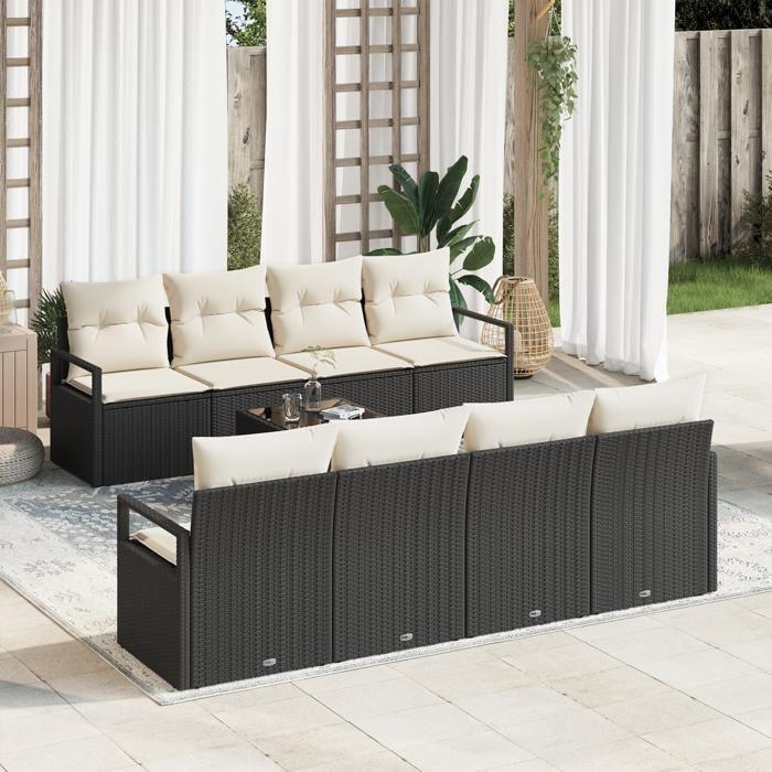Ensemble de Canapés de Jardin 9 pièces avec Coussins en Rattan Noir, Canapé de Jardin 2 places avec Rangement &amp; Coussins 3354976