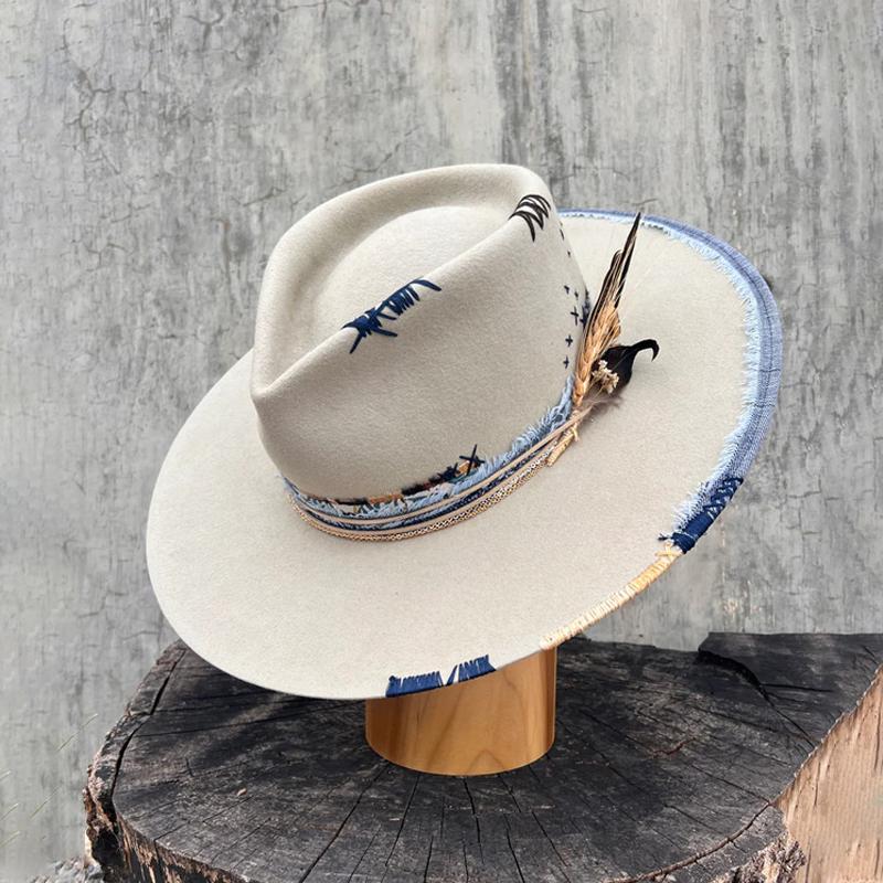 

100% Wool Western Fedora Hat - Braided & Feather Trim Felted Jazz Cap for Men & Women | Autumn Winter