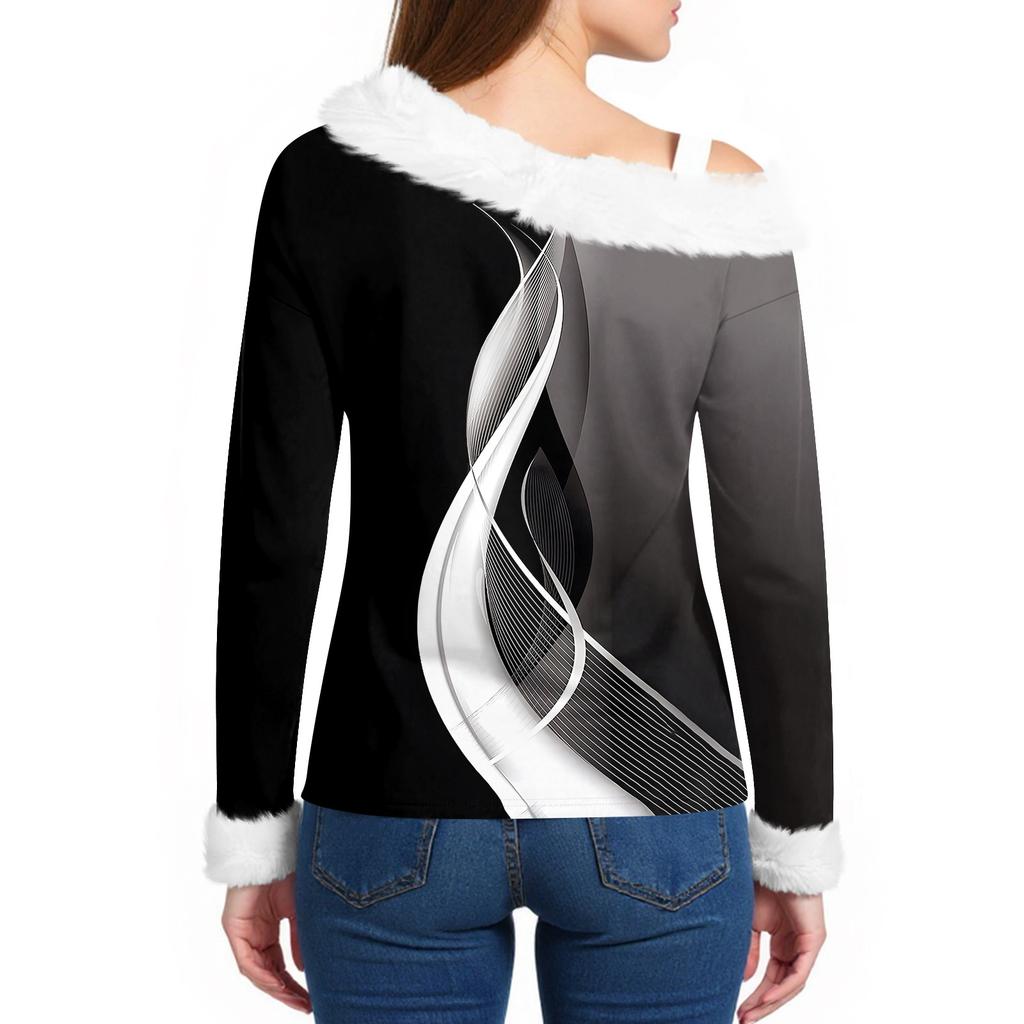Women's Off-the-shoulder Plush Neck Printed Long-sleeved Pullover T-shirt Top