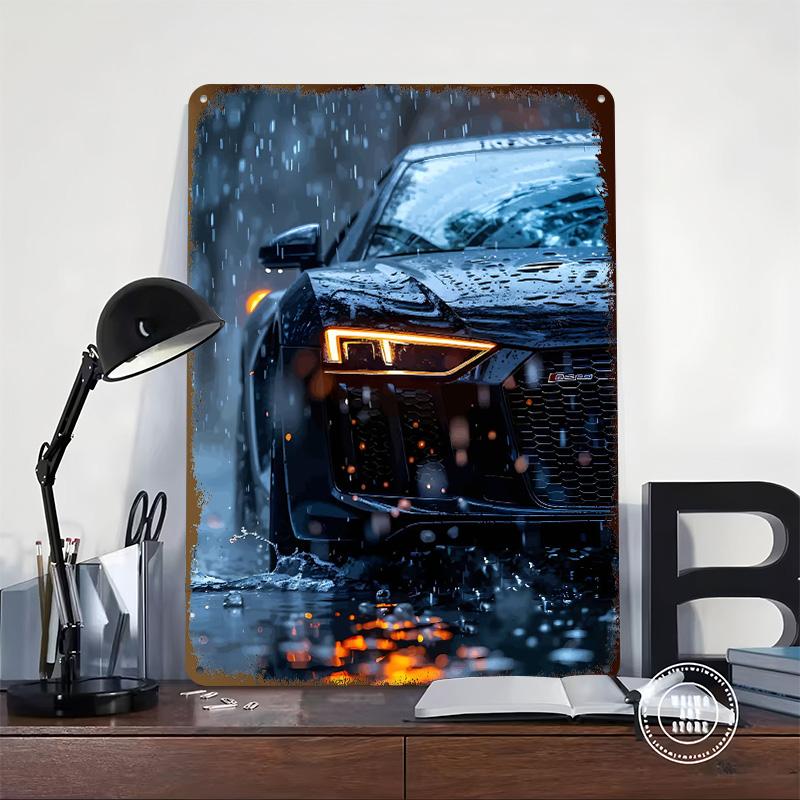 Sports Car R8 in the Rain Tinplate Poster Customized Wall Art Vintage Metal Signs Retro Tin Plaque for Room Decoration Cozy Home