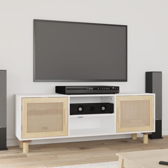 345615 vidaXL TV Stand White 105x30x40cm Solid Pine Wood and Natural Rattan