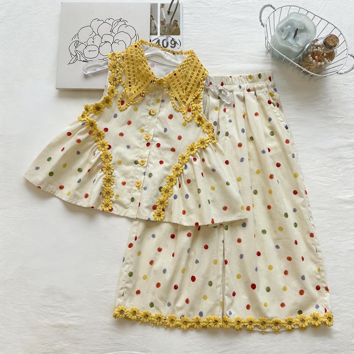 Girls Colorful Polka Dot Sleeveless Top & Lace Wide-Leg Pants Set 110 cm