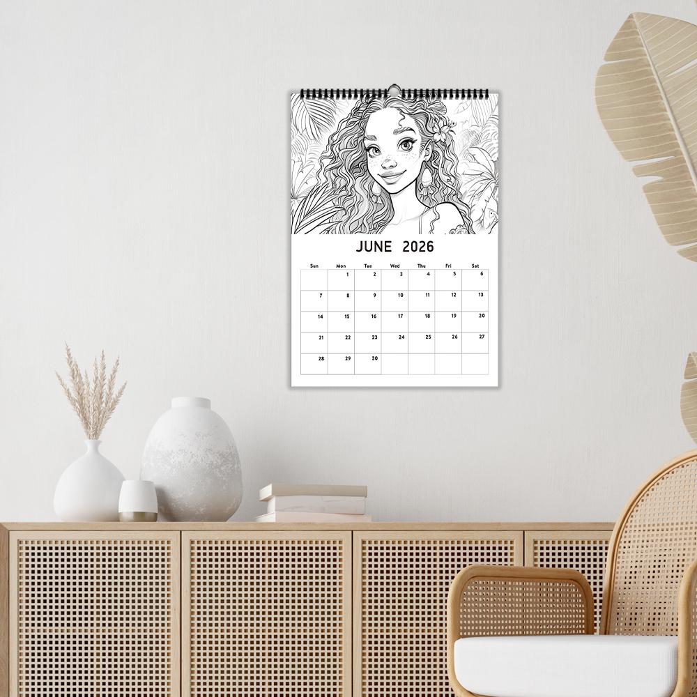 1pc 2026 Hanging Calendar, Black Women Coloring Calendar,12 Beautiful Designs, Monthly Plans,Perfect Gift for Birthday,Christmas
