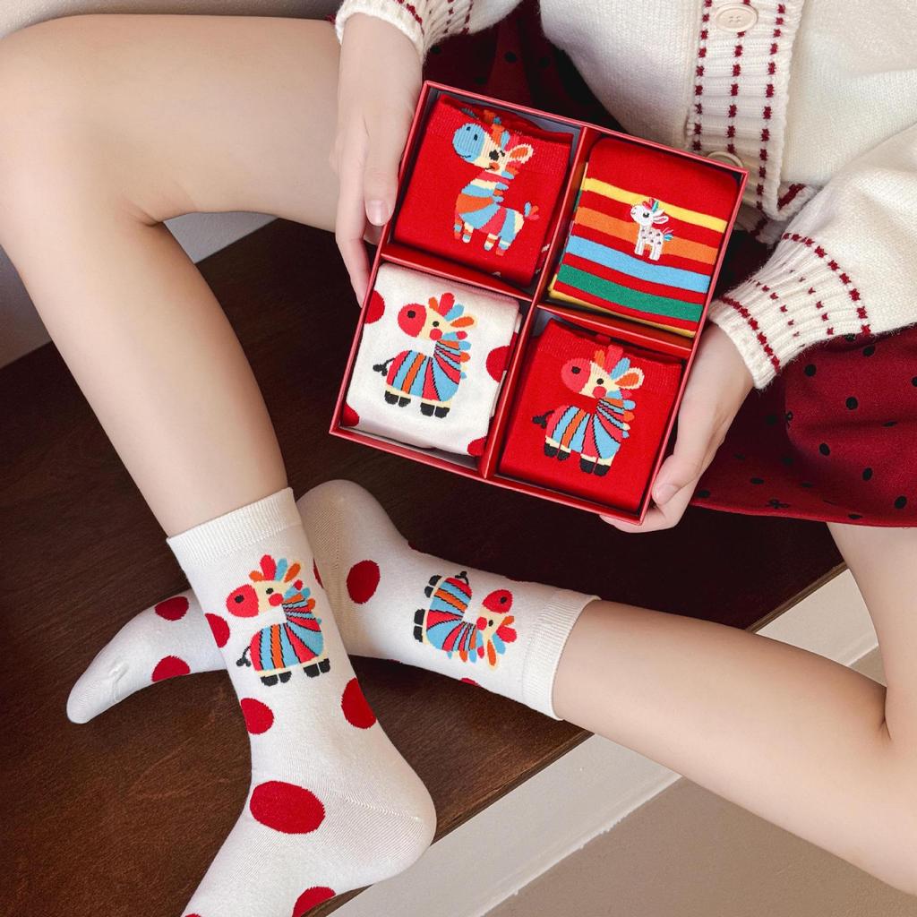 Year of the Horse Red Socks Gift Box: Zodiac-Themed Cartoon Cotton Mid-Calf Socks for New Year Celebrations