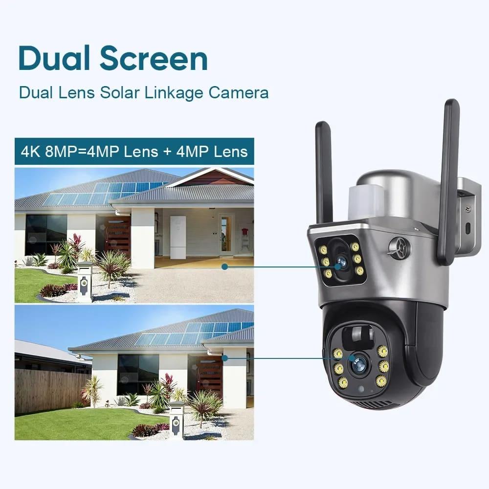 LS VISION Kamera solarna 4K 8MP 4G/WiFi z podwójnym obiektywem i podwójnym ekranem, zasilana bateryjnie, CCTV, wykrywanie ruchu, śledzenie ludzi, kamery monitoringu
