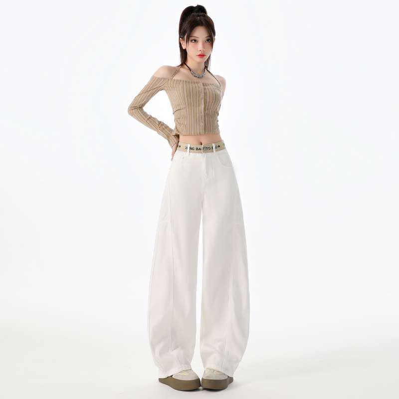 Moonlight White High-Waisted Wide-Leg Patchwork Jeans with Pockets Small
