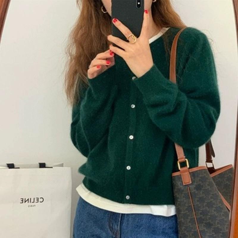2025 A/W Women's Knit Cardigan: Round Neck, Long Sleeve, Loose Wool Pullover, Comfortable Solid Color Sweater