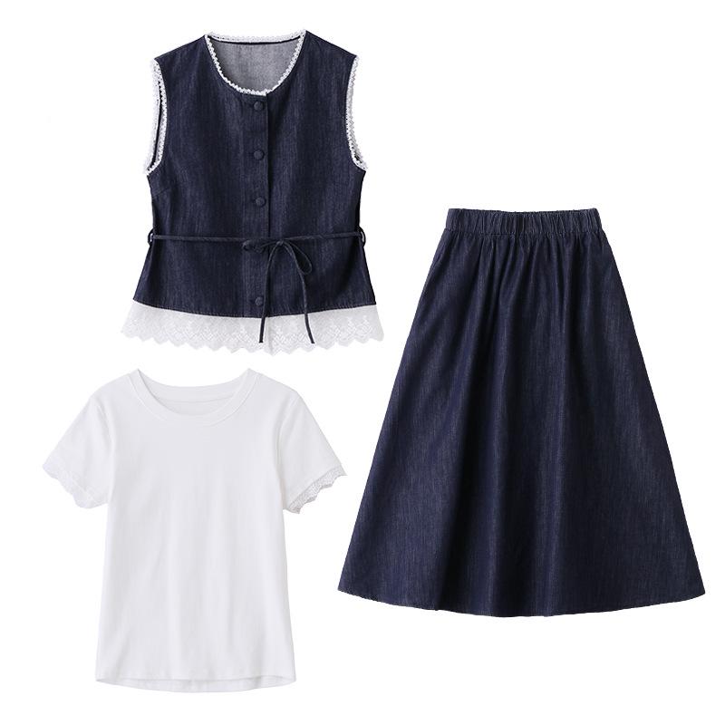 Chic 2025 Summer Denim Skirt Set: Slimming Vest & Midi Skirt for Women