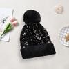 Women Knitting Hat Plush Ball Decor Shiny Sequins Decor Brimless Hat Winter Warm Furry Bucket Hat Headwear