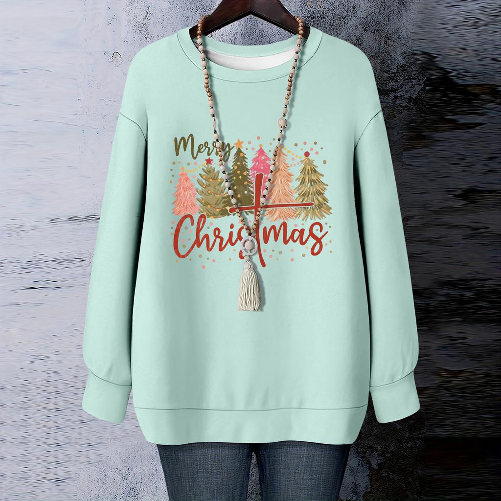 Ladies' Christmas Printed Round Neck Long Sleeved T-shirt Sweatshirt Top