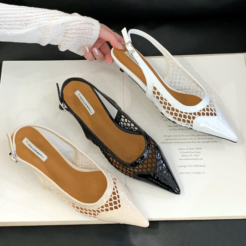 Mesh Low Heeled Sandals Sexy Pointed Toe Elegant Mule Shoes Summer Fashion Party Dress Shoes Pumps for Ladies  Designer Sandals
