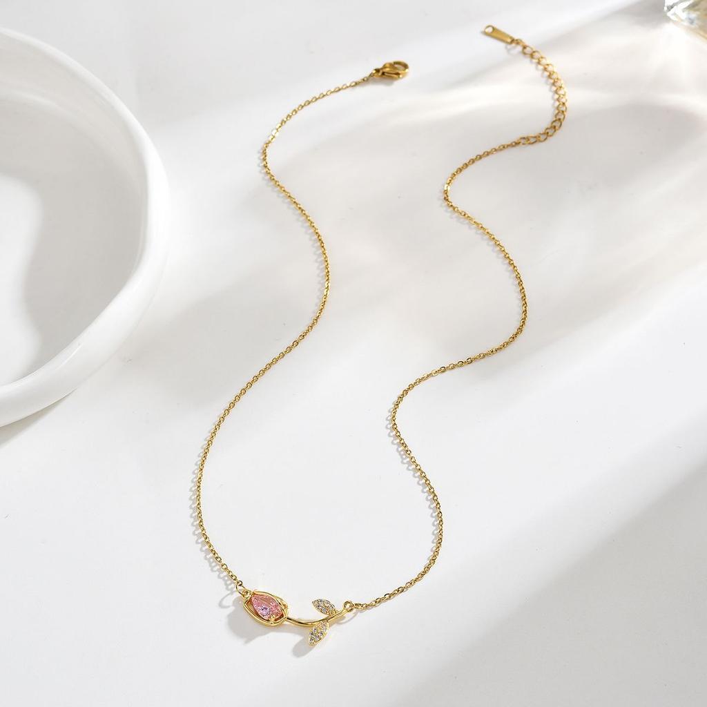 Women's Elegant Tulip Necklace High-End Zircon Flower Pendant Stainless Steel Light Luxury Jewelry Gift