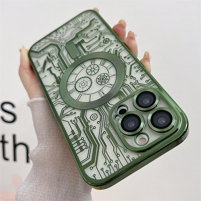 Luxury Line Mechanical Magnetic Wireless Charging Electroplated Case for iPhone 14 13 12 11 Pro Max All-inclusive Fall Protection Cover