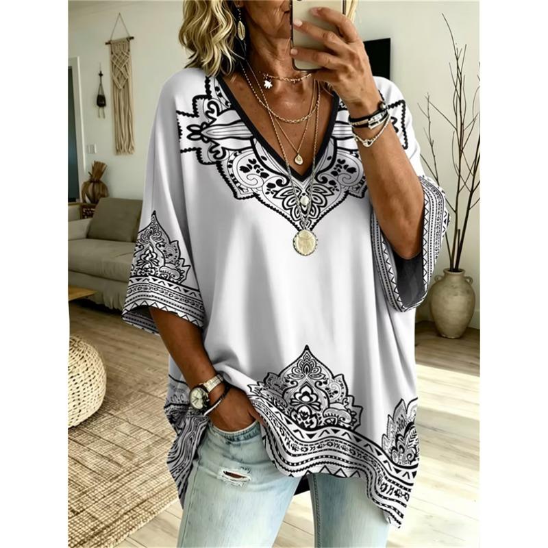 T-shirt da Donna Taglie Forti con Scollo a V e Maniche a Pipistrello Stampa Etnica Bohemien Top Largo Estivo Comodo Traspirante per il Pendolarismo Quotidiano Casual