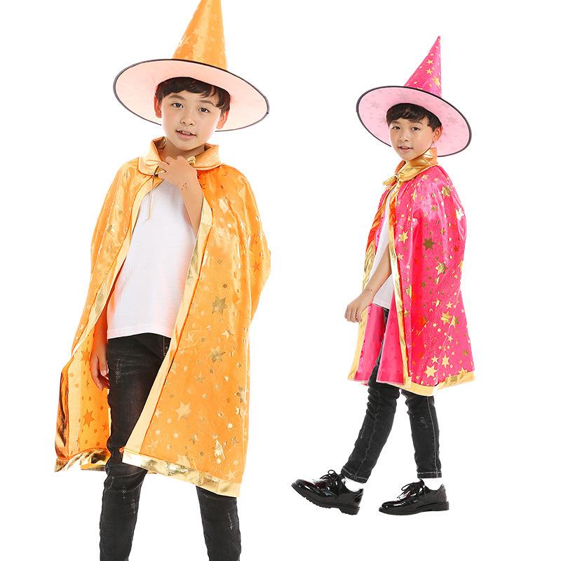 Sydanne Kids Magician Wizard Cloak Hat Cosplay Costume Hot Stamping Five-pointed Star Cloak Party Costume Halloween Costume