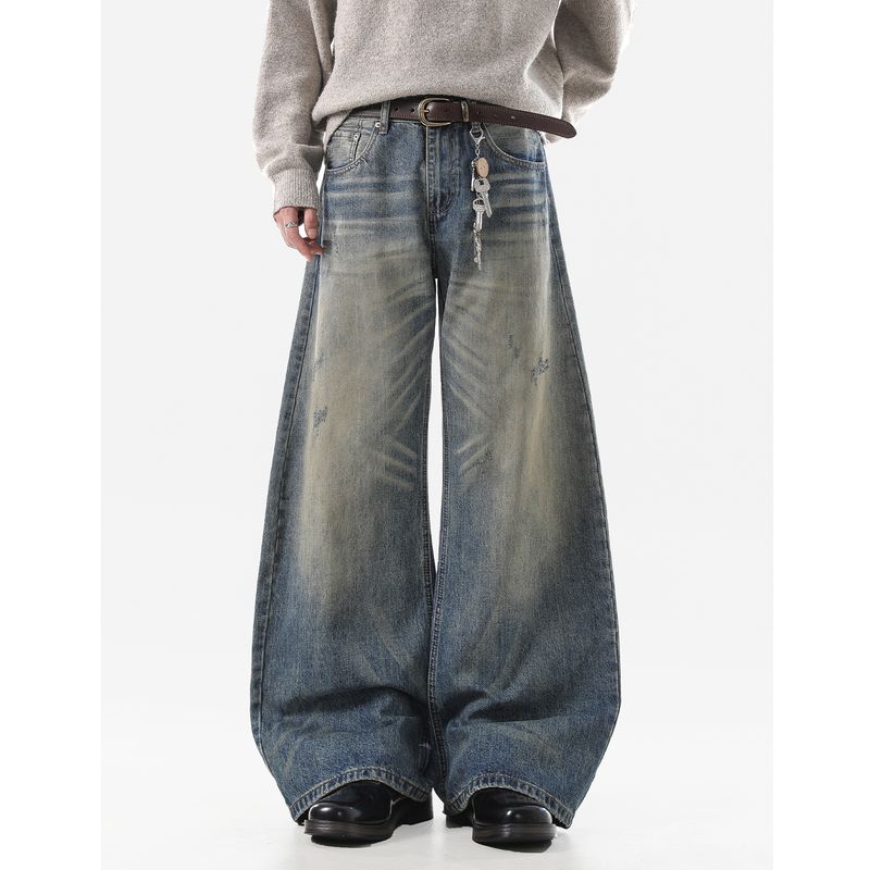 

Acrardic American-Style Distressed Whiskered Jeans, Versatile for Commuting, Vintage Relaxed Fit, Washed and Aged Pants Blue 2XL