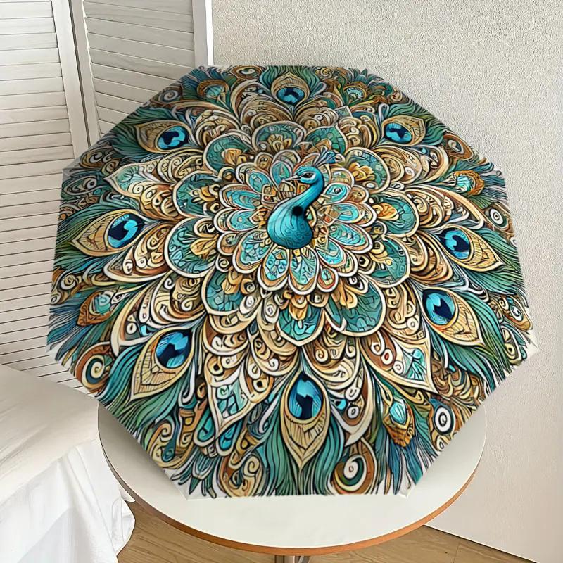Peacock Feather Mandala Automatic Opening Folding Umbrella - 8 Bone Iron Frame, Suitable for Fans, Travel, Daily Use, Gift for Outdoor Enthu